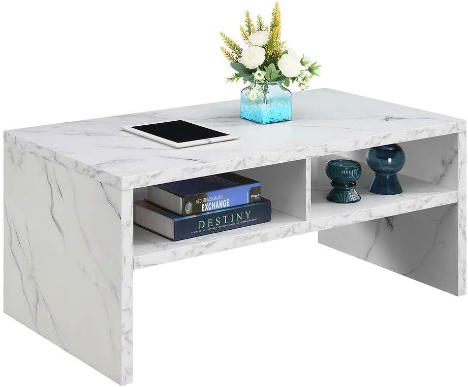 Modern Rectangular Wood & White Marble Coffee Table with Shelves