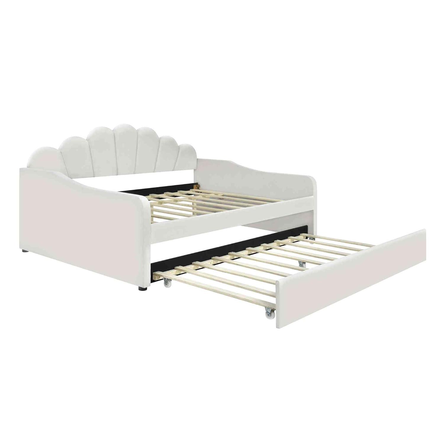 ATY Full Size Upholstery Daybed with Trundle and Backrest, Shall Shaped Bedframe, Sofa Design, for Bedroom, Guestroom, Small Space, Beige