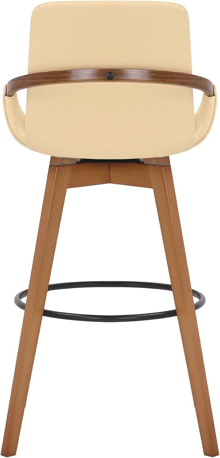 Cream Faux Leather and Walnut Wood Swivel Bar Stool