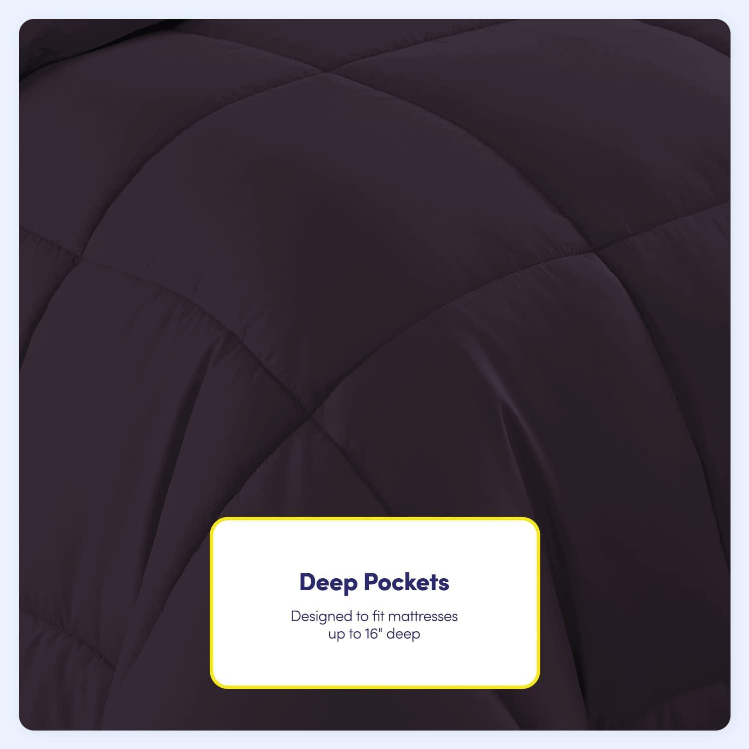 Bed-in-A-Bag Solid Color Comforter & Sheet Set Soft All Season Bedding, Twin XL, Purple