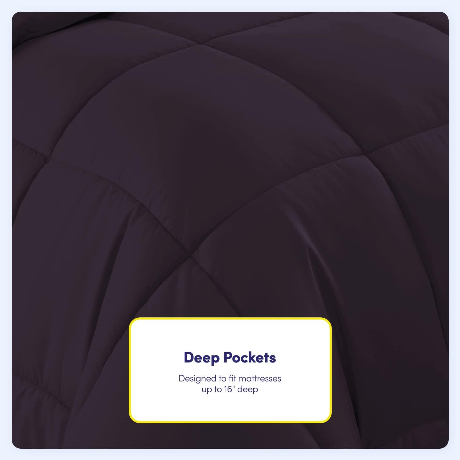 Bed-in-A-Bag Solid Color Comforter & Sheet Set Soft All Season Bedding, Twin XL, Purple