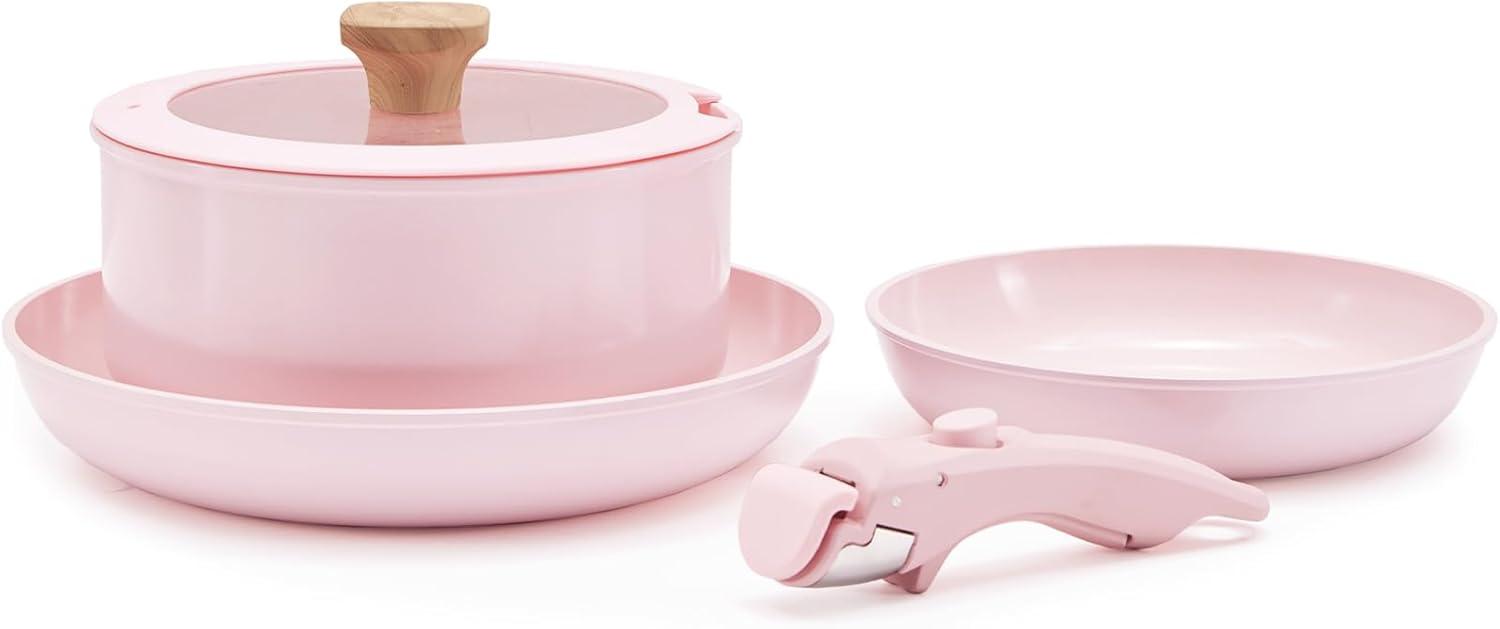 Hausfrau Pink Ceramic Non-Stick Cookware Set with Removable Handle