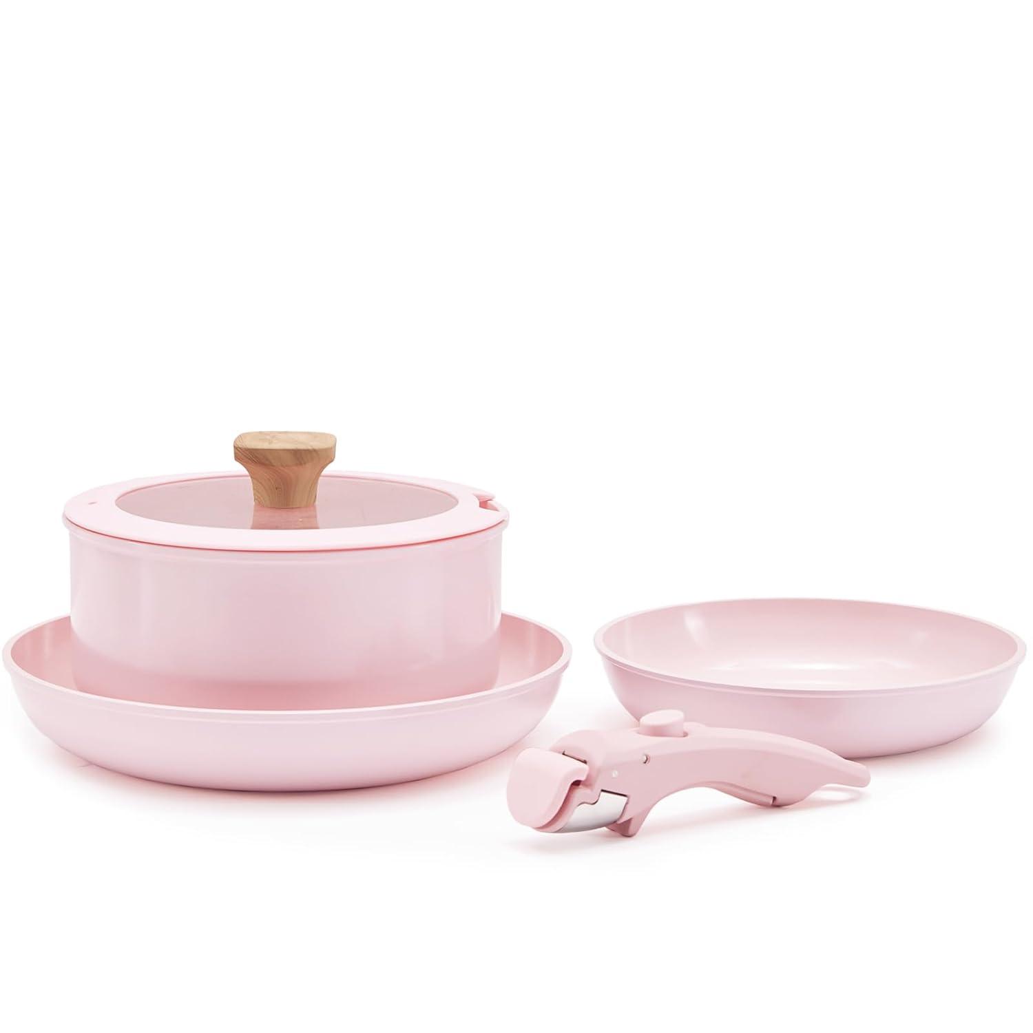 Hausfrau Pink Ceramic Non-Stick Cookware Set with Removable Handle