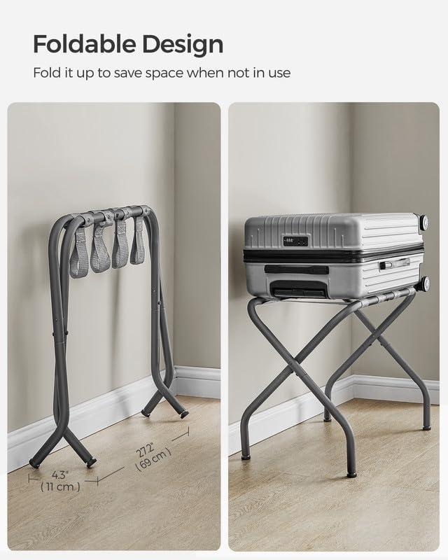 BINO 2-Pack Folding Luggage Rack Collapsible Metal Suitcase Stand With Durable Black Nylon Straps- For Bedroom, Guest Room, Or Hotel (Gray Steel)
