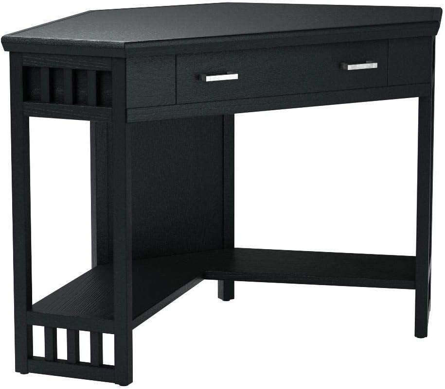 Elegant Black Oak Corner Writing Desk with Drawer and Keyboard Tray