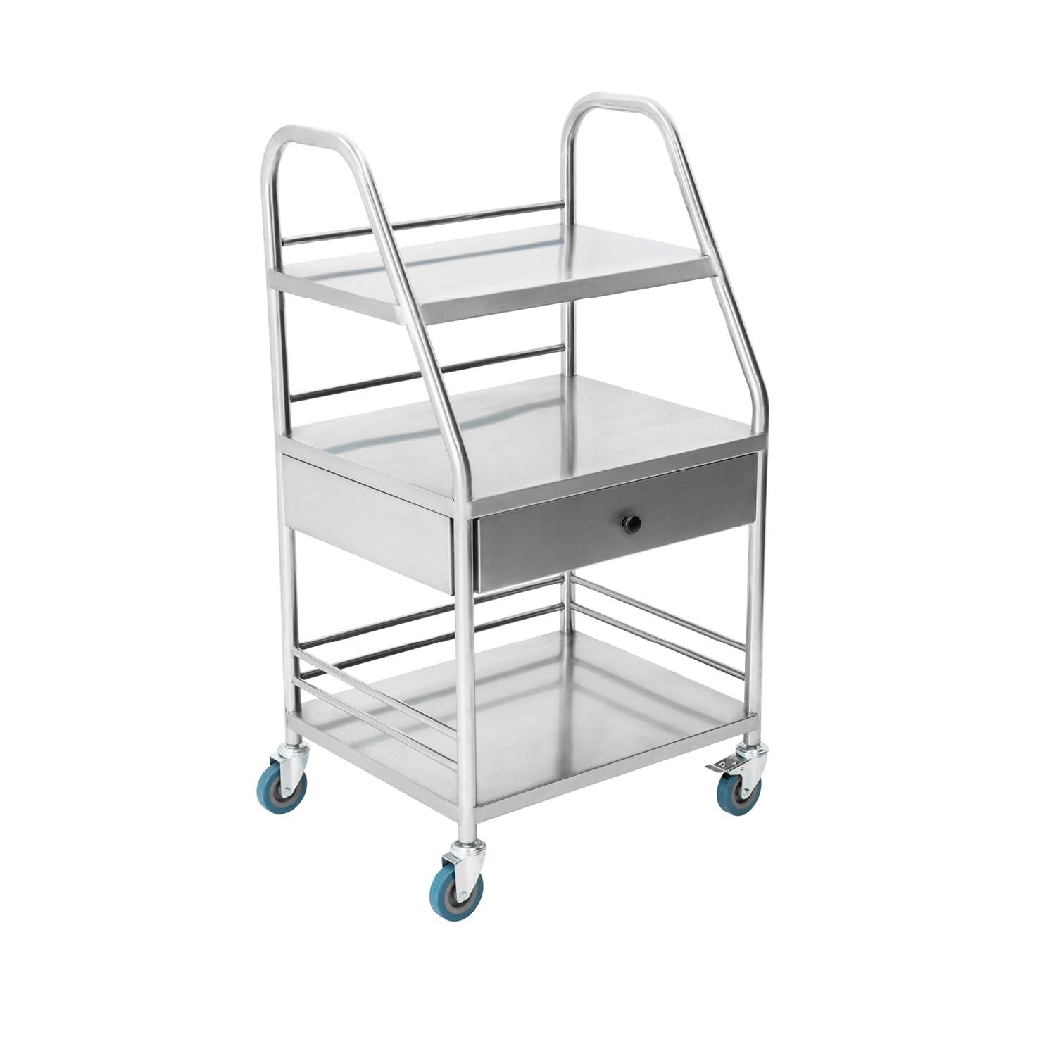 Stainless Steel 3-Shelf Rolling Lab Cart with Drawer