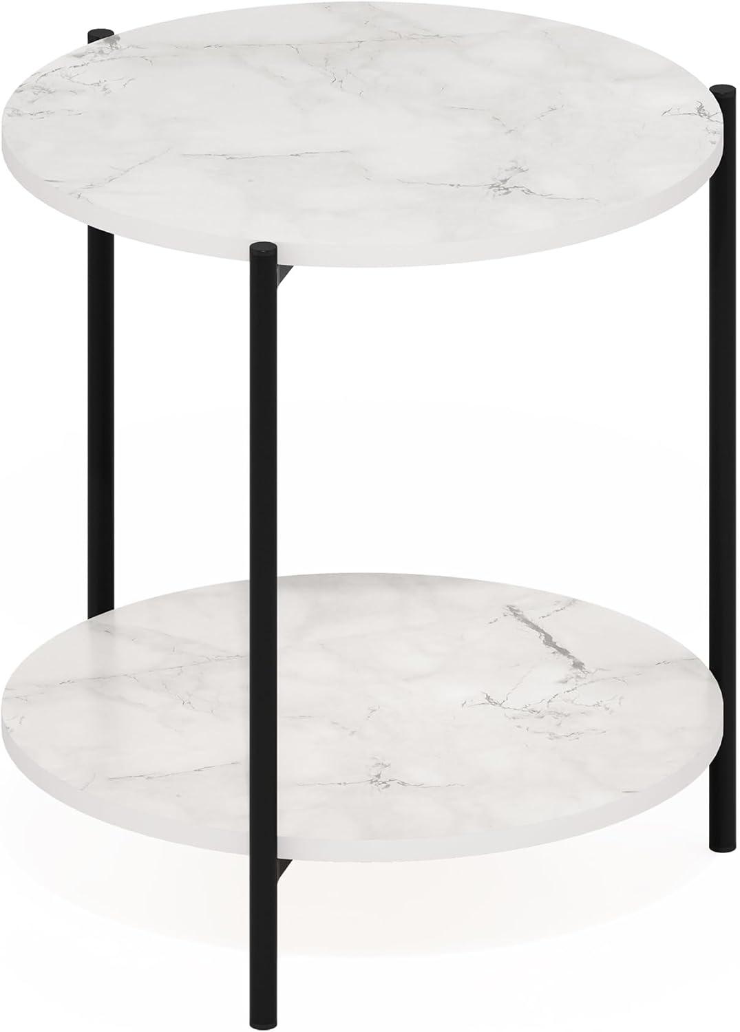 Furinno Besi 2-Tier Modern Round Side End Table with Sturdy Metal Legs, Marble White