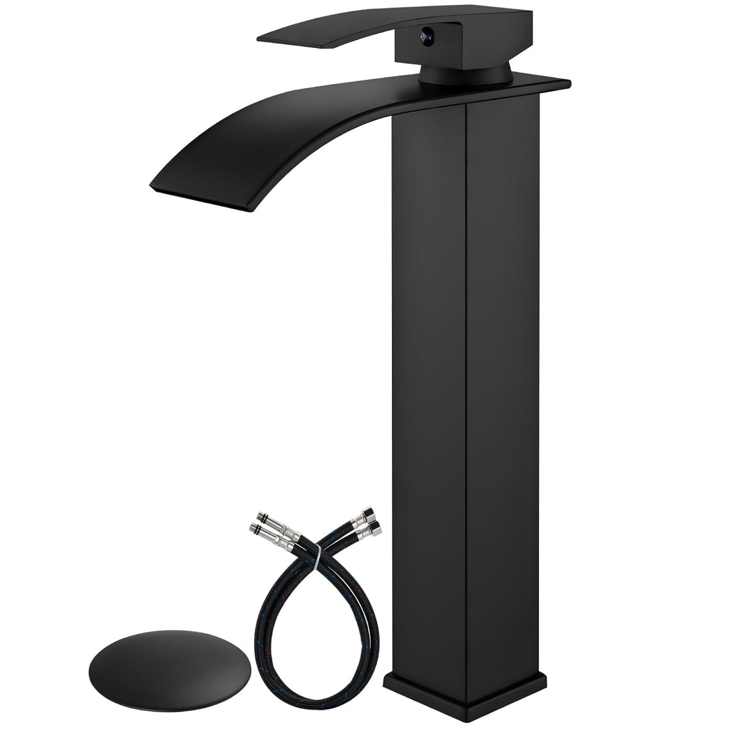 Waterfall Bathroom Faucet Single Handle，Bathroom Sink Faucet 1 Hole，Waterfall Faucet for Bathroom Sink，Vessel Sink Faucet Matte Black Tall Bathroom Faucet