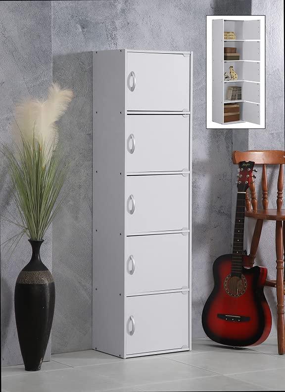 Hodedah HID5 High Quality 5 Shelf Home, Office, and School Enclosed Organization Storage 59 Inch Tall Slim Bookcase Cabinets, White Finish