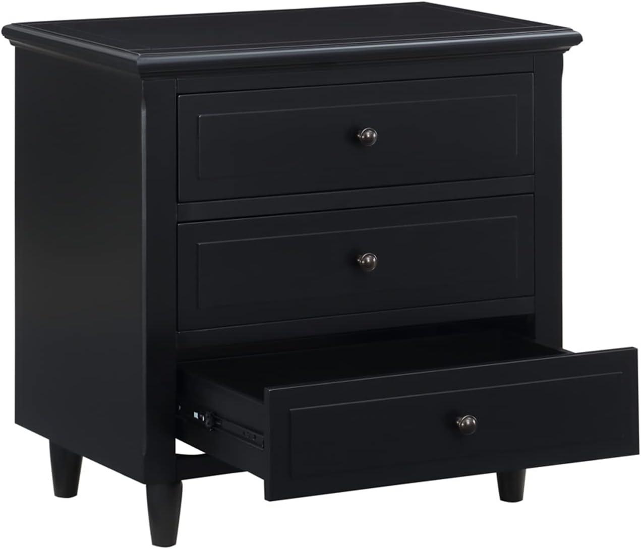 Black 3-Drawer Solid Wood Nightstand with Pine Legs