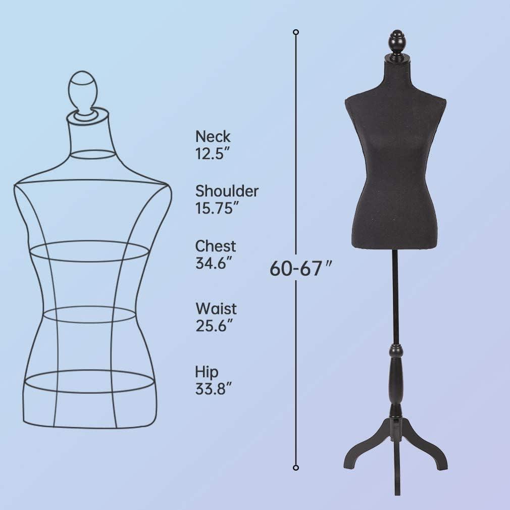 NiamVelo Female Mannequin Torso Dress Form 60-67 Inch Height Adjustable Body Model with Tripod Wooden Base, Black