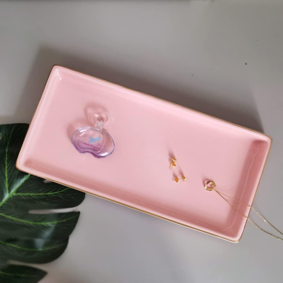 10 x 5 Ceramic Bathroom Tray for Countertop, Decorative Vanity Tray for Dresser Tops, Small Rectangular Trays for Perfume, Candle, Jewelry, Cosmetics (Pink)