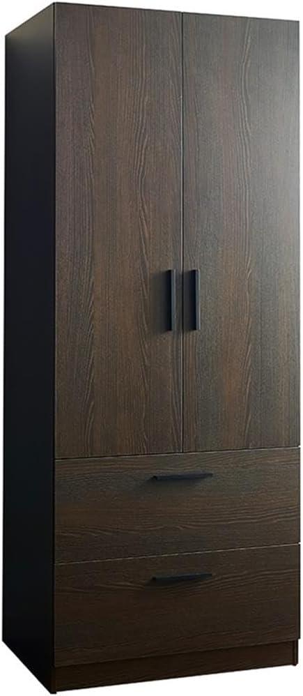AndMakers Brook Two-Door Wood Closet with Two Drawers and Hanging Bars in Dark Brown