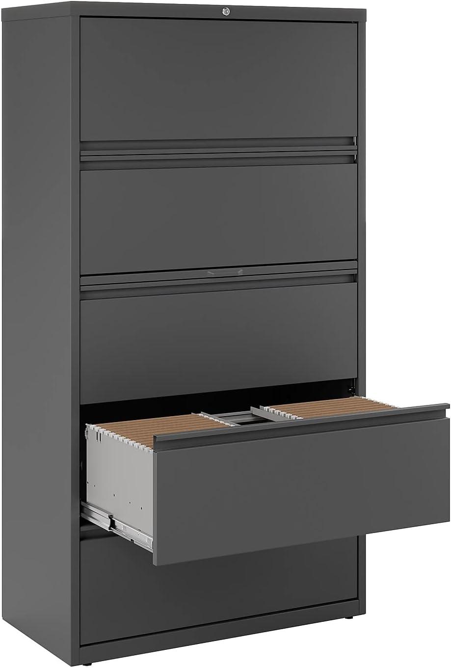 Charcoal 5-Drawer Lockable Lateral File Cabinet with Binder Storage