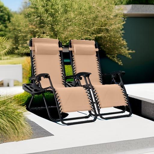 Best Choice Products Set of 2 Zero Gravity Lounge Chair Recliners for Patio, Pool w/ Cup Holder Tray - Beige