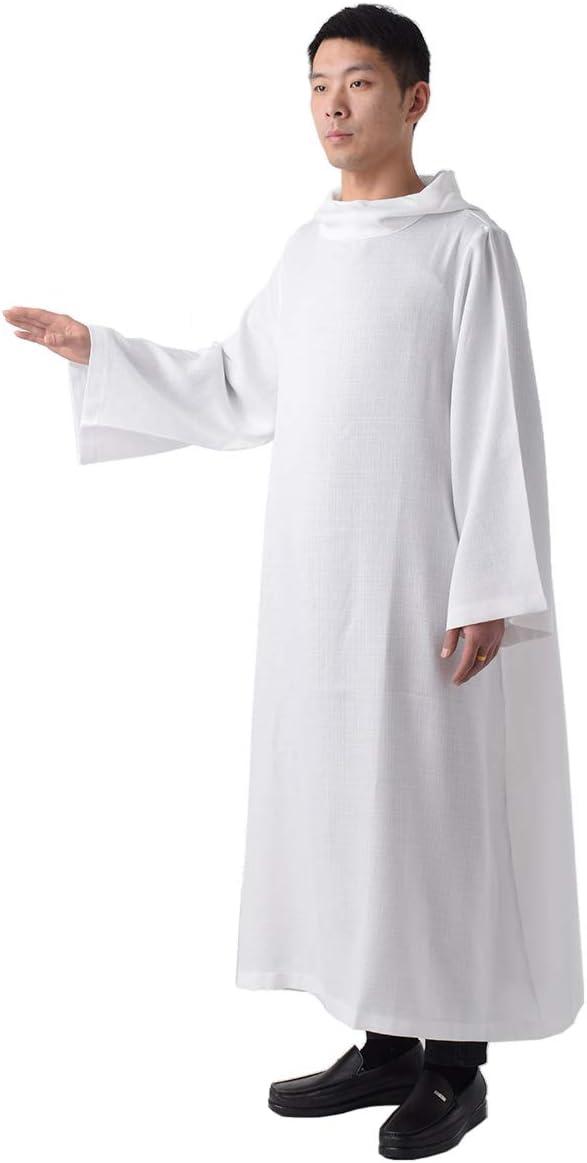 BLESSUME Priest Clergy Alb Pleats Front Wrap Alb Vestments with Cowl Hat