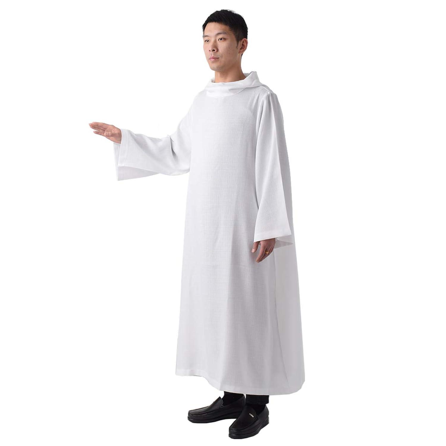 BLESSUME Priest Clergy Alb Pleats Front Wrap Alb Vestments with Cowl Hat