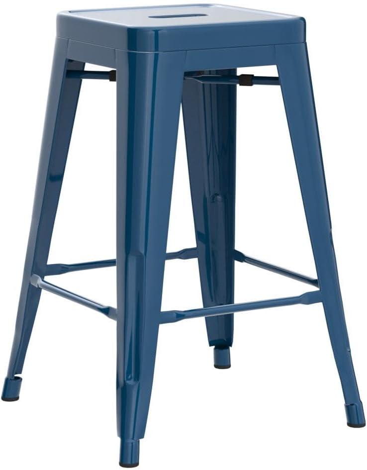 Vogue Furniture Direct 24 Inch Metal Bar Stools, Backless Counter Height Barstools, Indoor Outdoor Stackable Stools with Square Seat, Set of 2 (Deep Blue)