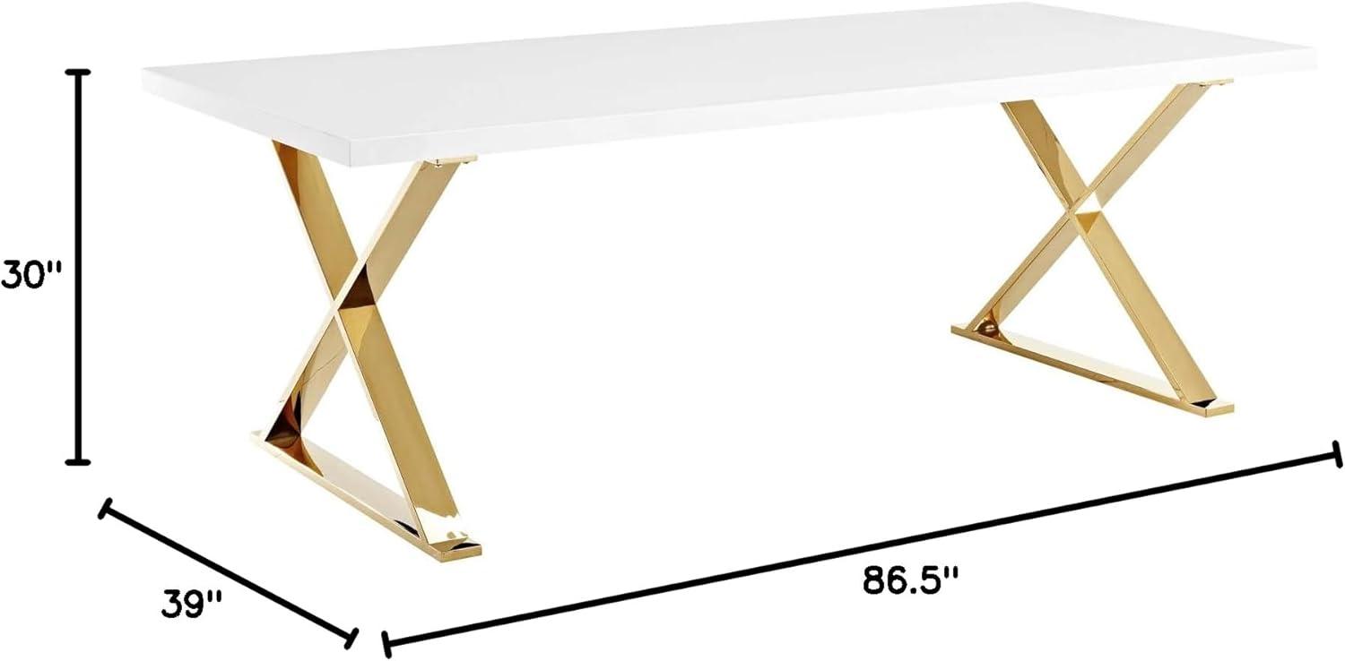 Modway Sector 87" Wood & Stainless Steel Cross Base Dining Table in White/Gold