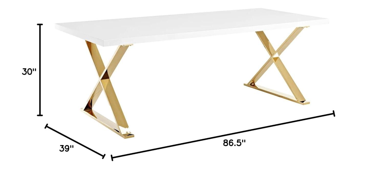 Modway Sector 87" Wood & Stainless Steel Cross Base Dining Table in White/Gold