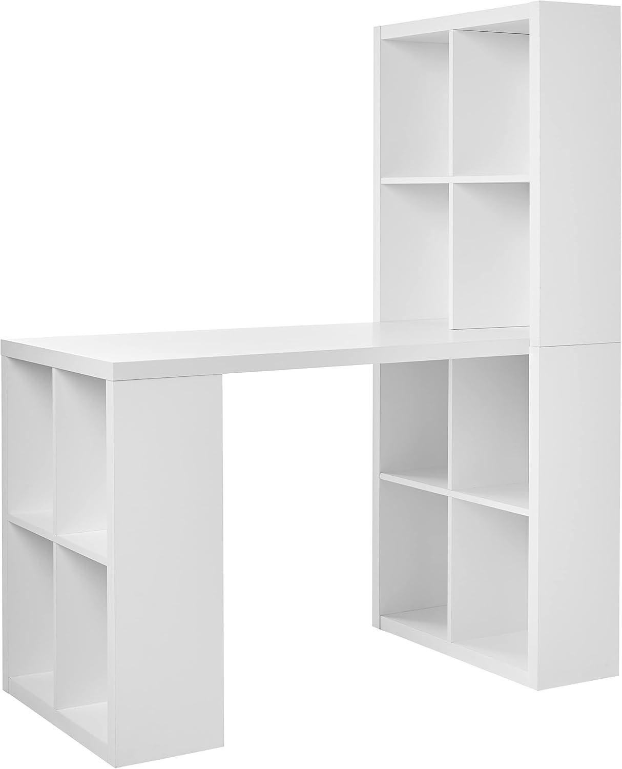 White Engineered Wood Contemporary Office Desk with Storage Cubbies