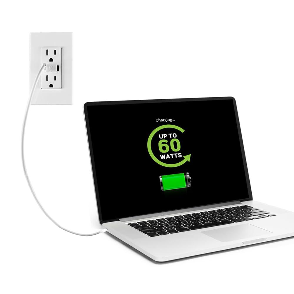 White Thermoplastic Tamper Resistant USB-C Wall Outlet with Wall Plate