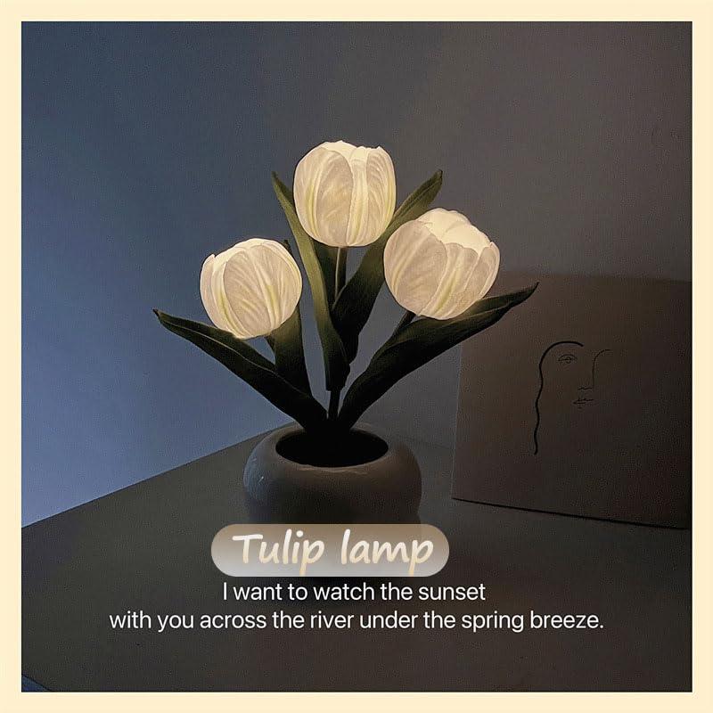 Flower Table Lamp Tulip Desk LED Night Light Heads Artificial Flower Lamp Small Desk Decor Lamp Desk Tablefor Bedroom Bedside Lamp Ambient Light Decor (White-USB)