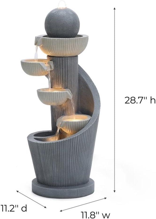 LuxenHome Gray Resin Spiral Sculpture with Bubbler 5-Tier Outdoor Fountain with Lights