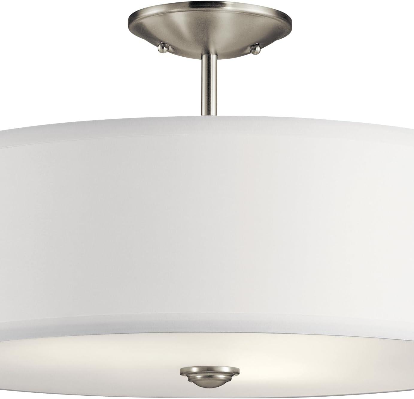 Shailene 18" 3 Light Round Semi Flush with Satin Etched White Diffuser and White Microfiber Shade in Brushed Nickel