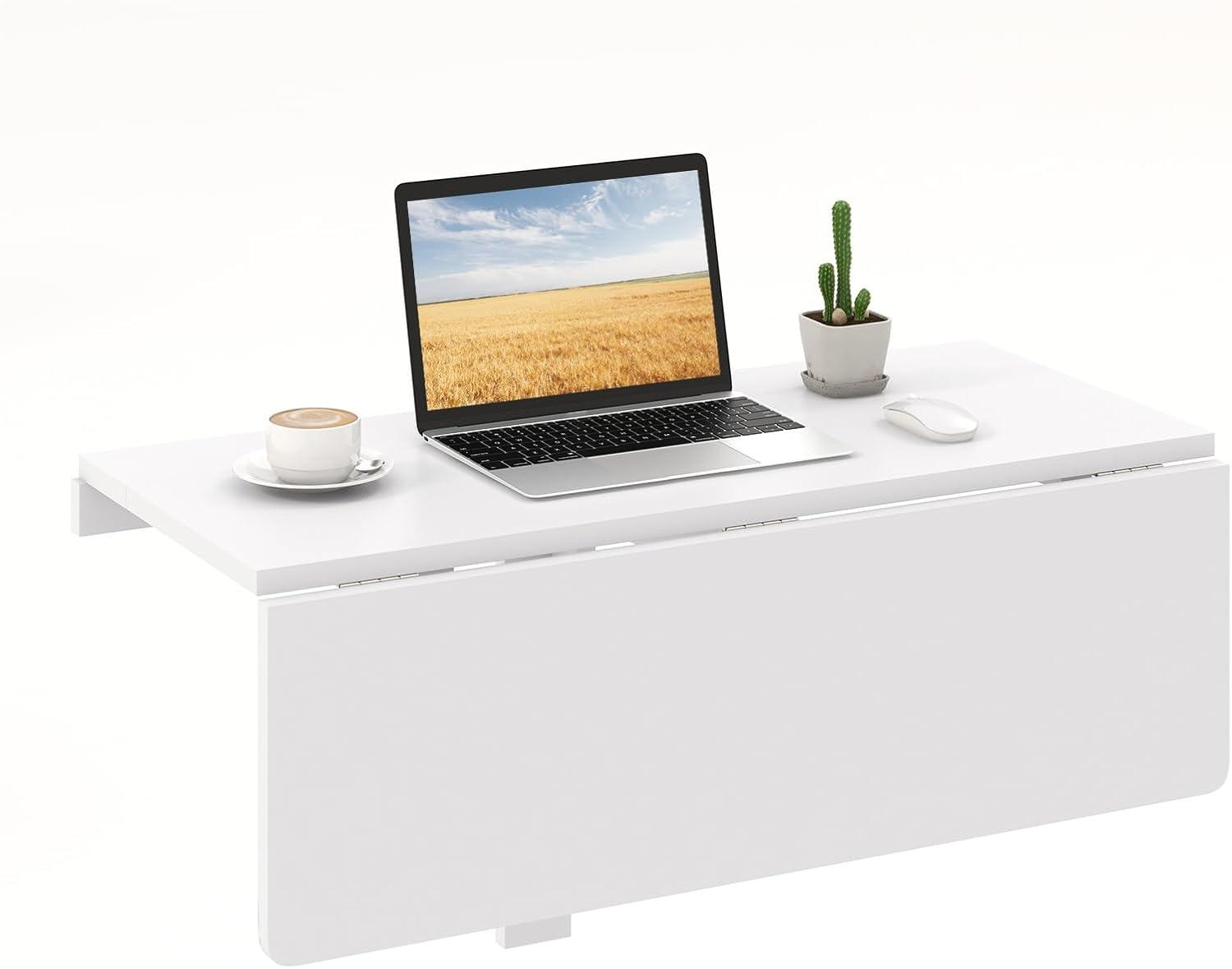 Gymax Wall-Mounted Drop-Leaf Table Folding Kitchen Dining Table Desk Space Saver White