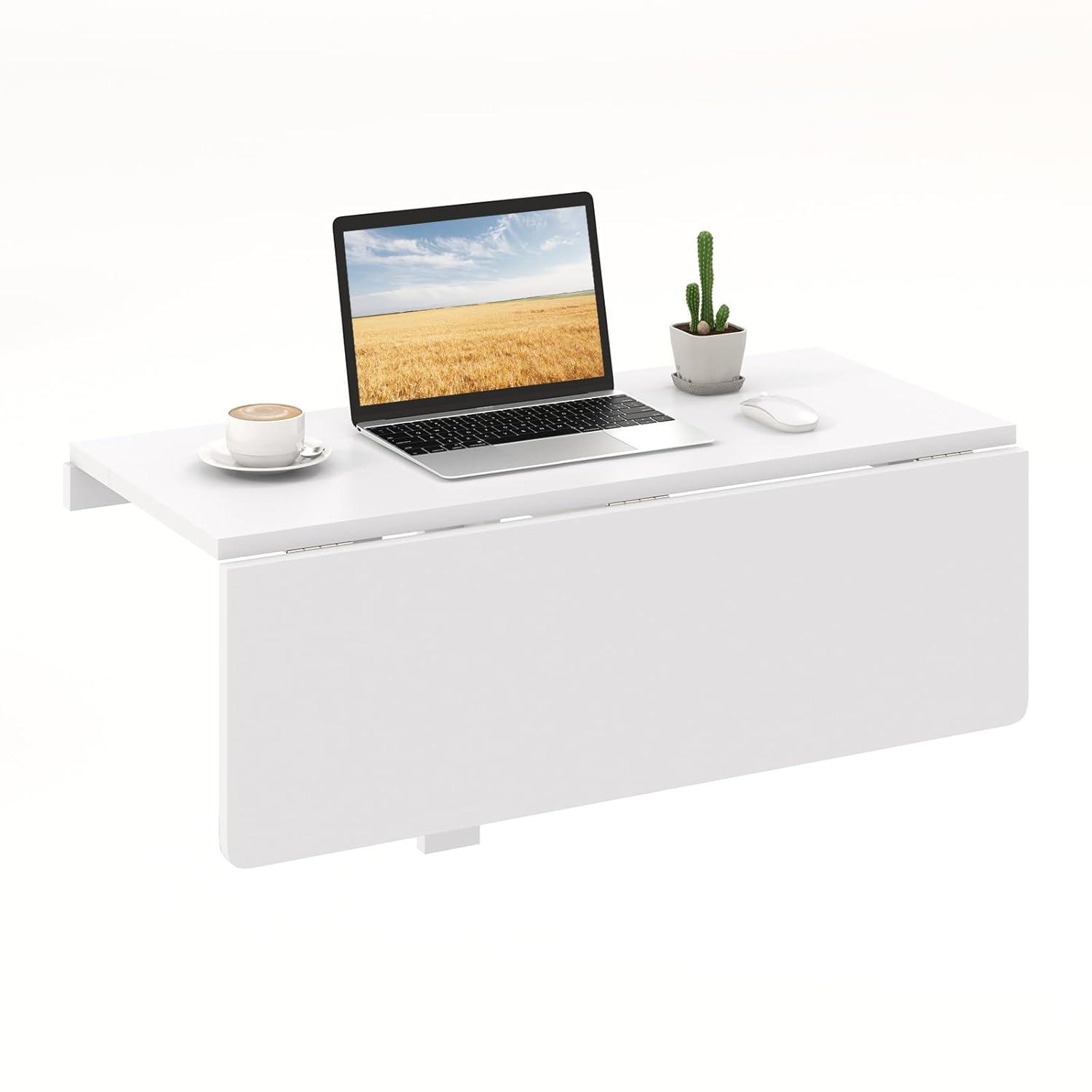 Gymax Wall-Mounted Drop-Leaf Table Folding Kitchen Dining Table Desk Space Saver White