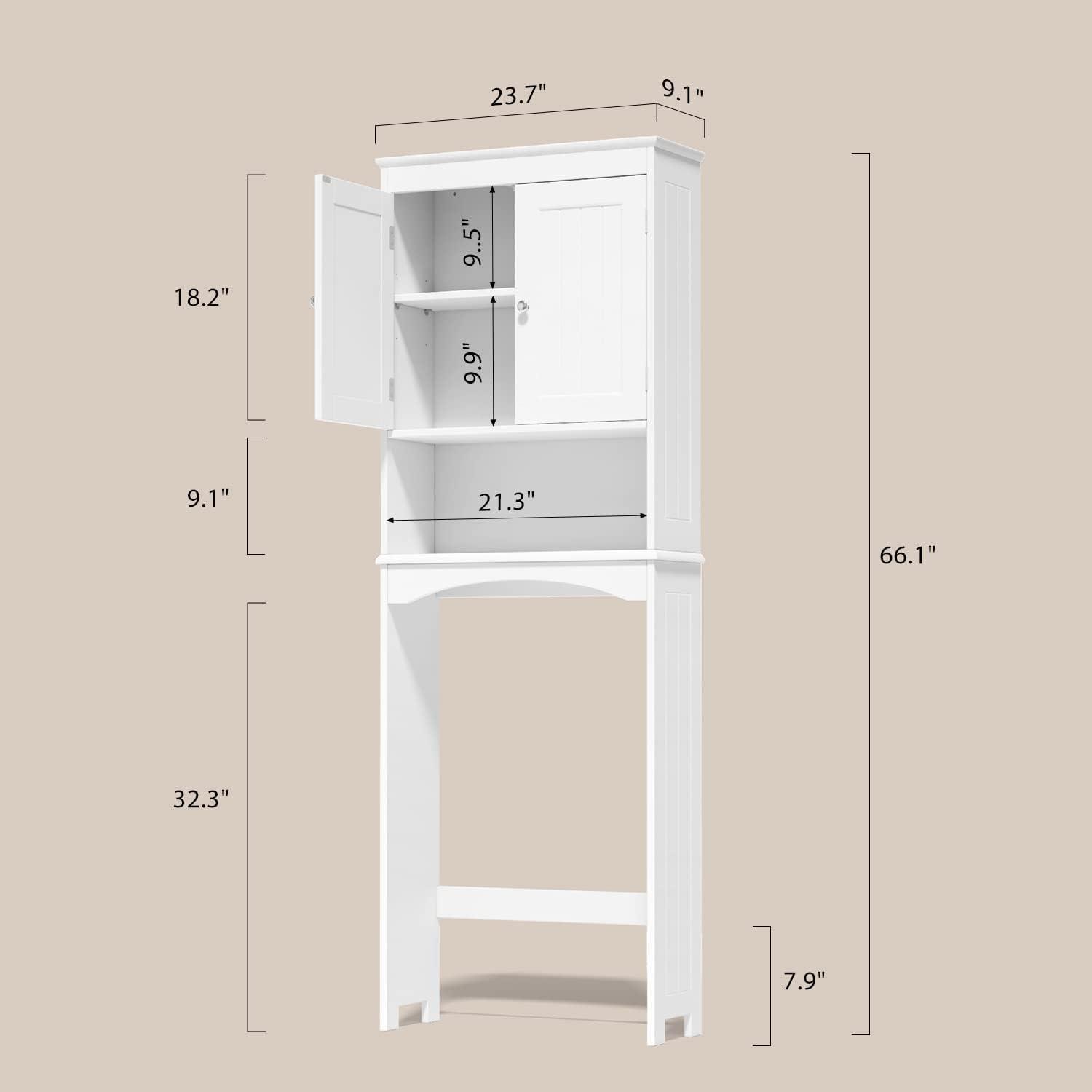 Over The Toilet Bathroom Storage Cabinet Freestanding Wooden Bathroom Organizer with Adjustable Shelves and Glass Door, White