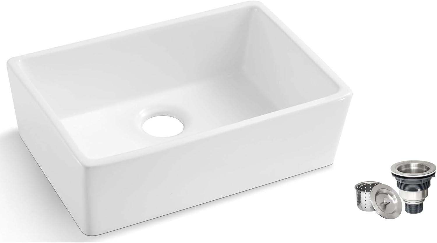 Durable 23.75-Inch Fireclay Farmhouse Apron Single Bowl White Kitchen Sink with Strainer