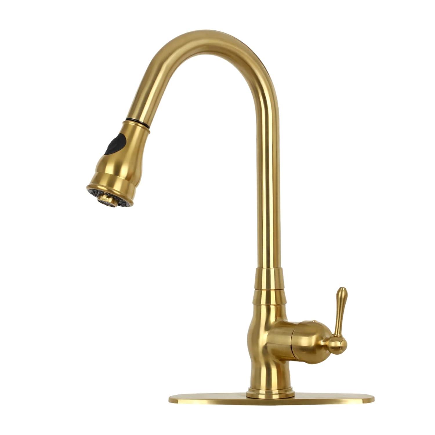 Akicon One-Handle Pull-Down Kitchen Faucet Single Level Solid Brass Kitchen Sink Faucet with Deck Plate (Brushed Gold)