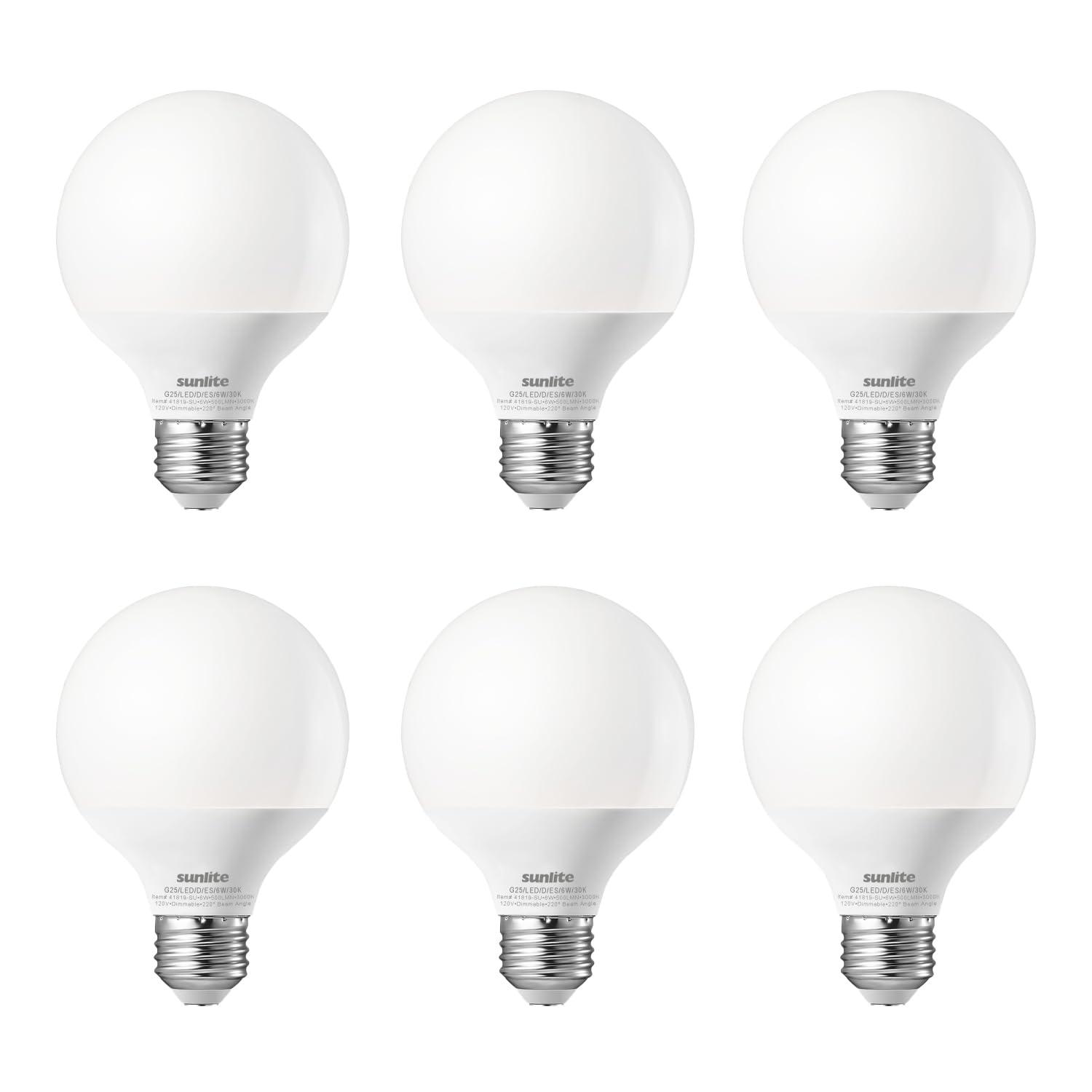Sunlite LED G25 Globe Light Bulb, 6 Watts (60W Equivalent), Standard E26 Base, 520 Lumens, Dimmable, Frosted, 90 CRI, 5000K Daylight, 6 Pack