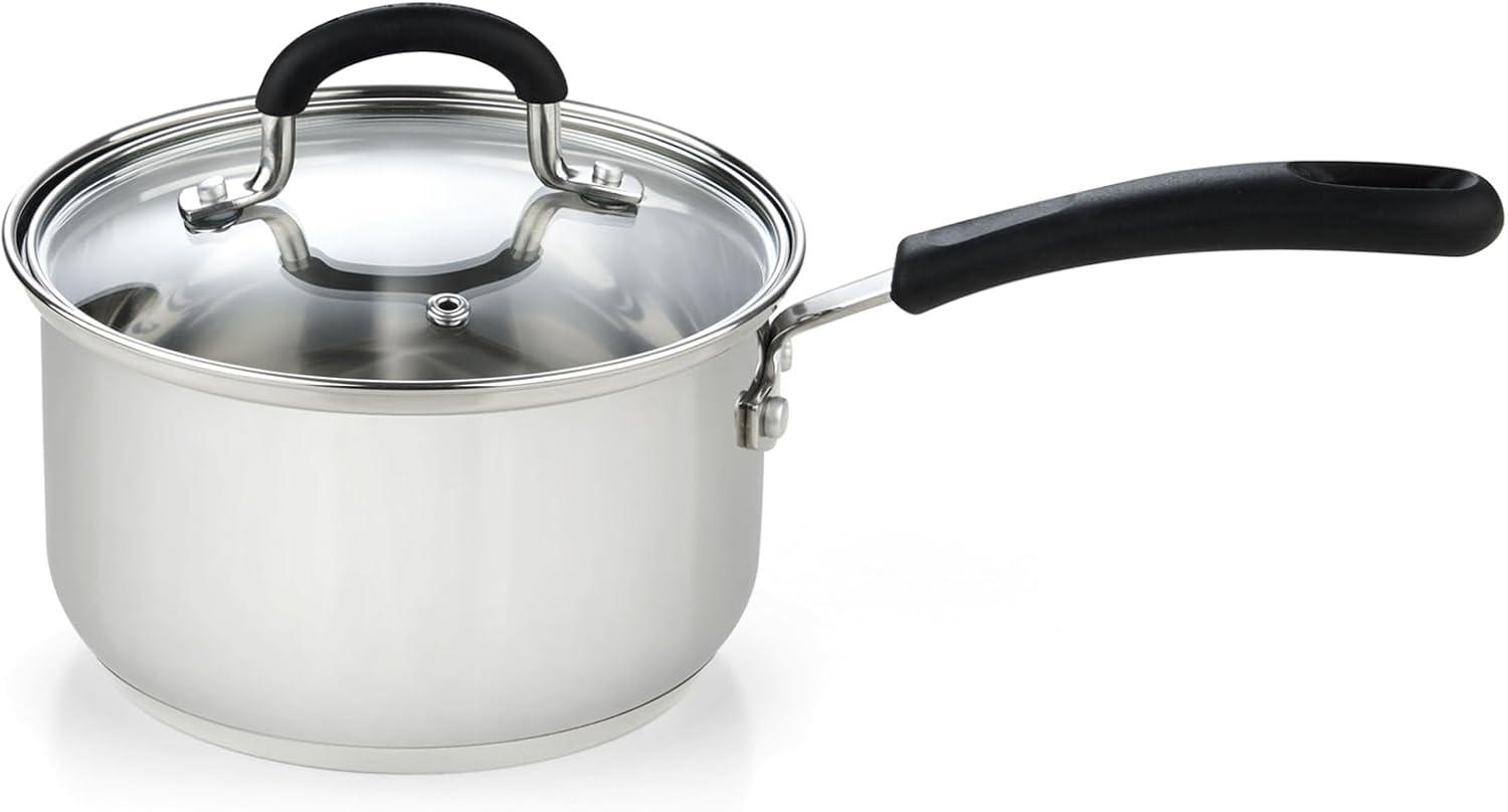 Cook N Home Saucepan Sauce Pot with Lid 2 Quart Professional Stainless Steel, Stay Cool Handle, silver