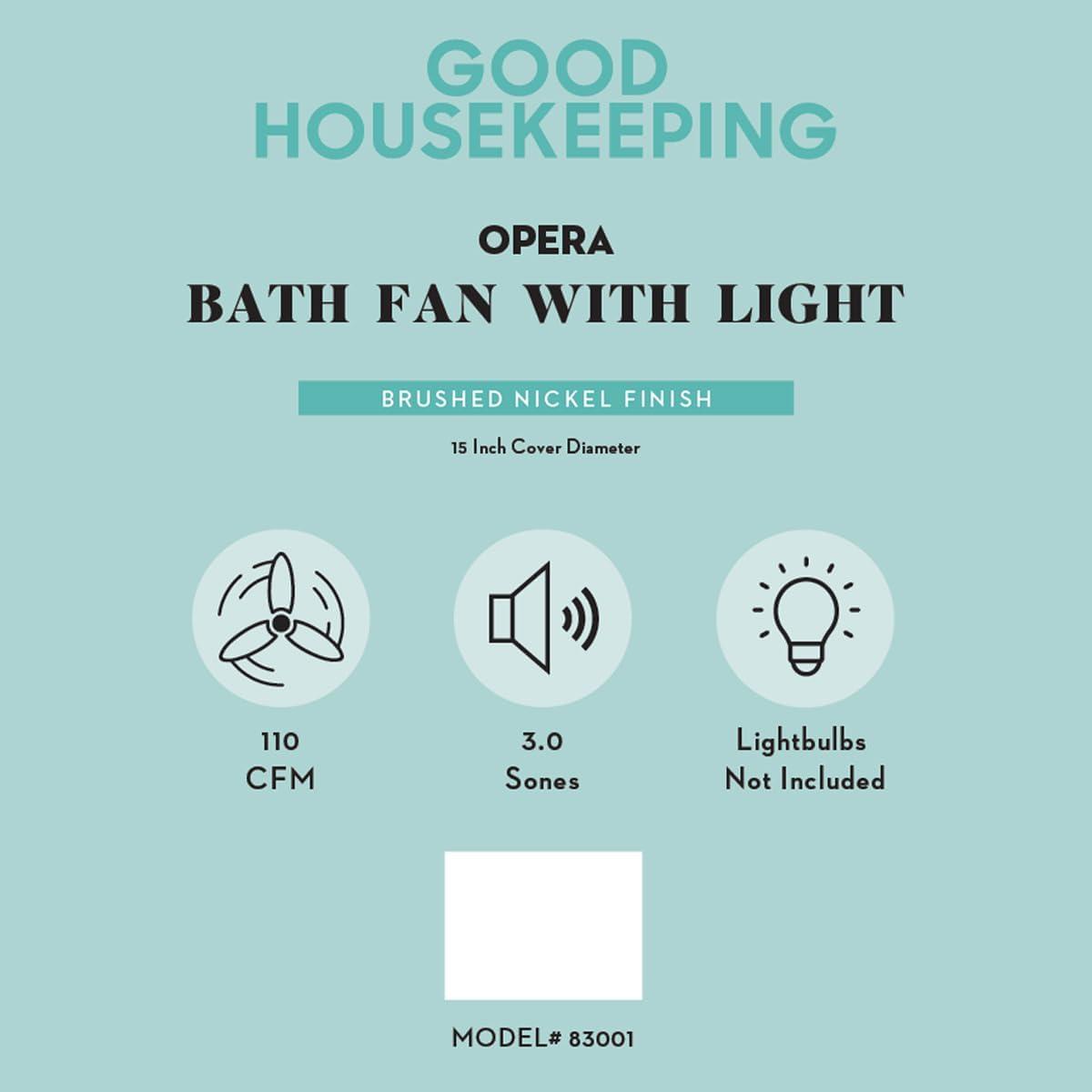 Opera (83001) 110 CFM 3.0 Sones Decorative Bathroom Ventilation Exhaust Fan with Light & Night-Light