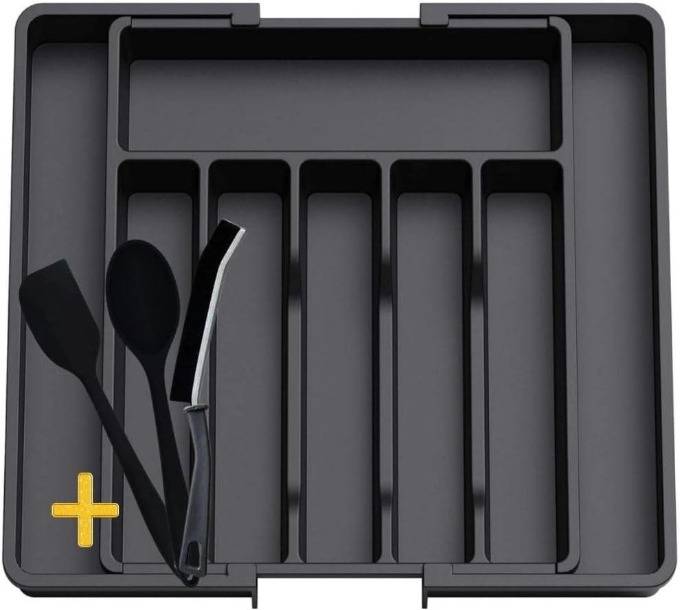 Silverware Drawer Organizer,  Black Expandable Utensil Tray for Kitchen, BPA Free Flatware and Cutlery Holder, Adjustable Plastic Storage for Spoons Forks Knives, Large