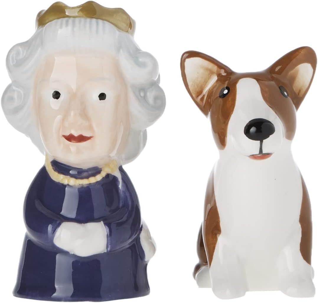 Regal Queen and Corgi Ceramic Salt and Pepper Shaker Set