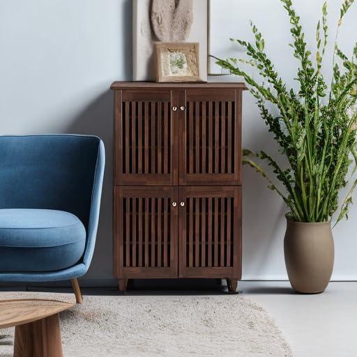 Baxton Studio Fernanda Modern and Contemporary 4-Door Wooden Entryway Shoes Storage Tall Cabinet - Oak Brown: Fixed Shelves, Mahogany Frame