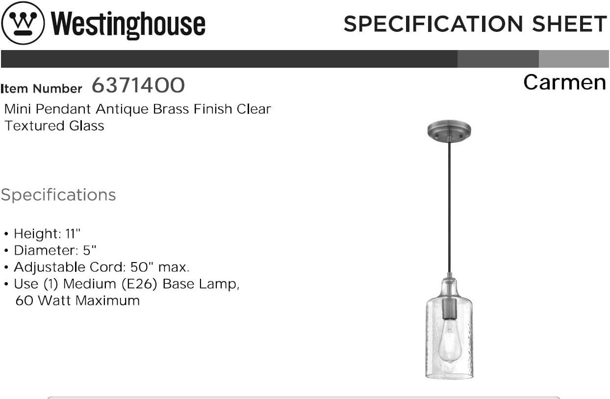 Westinghouse Carmen Mini Pendant Antique Brass Finish Clear Textured Glass