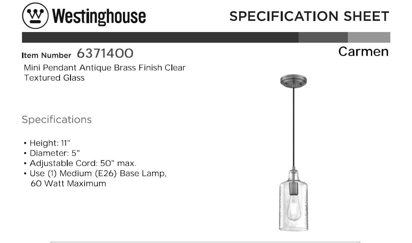 Westinghouse Carmen Mini Pendant Antique Brass Finish Clear Textured Glass