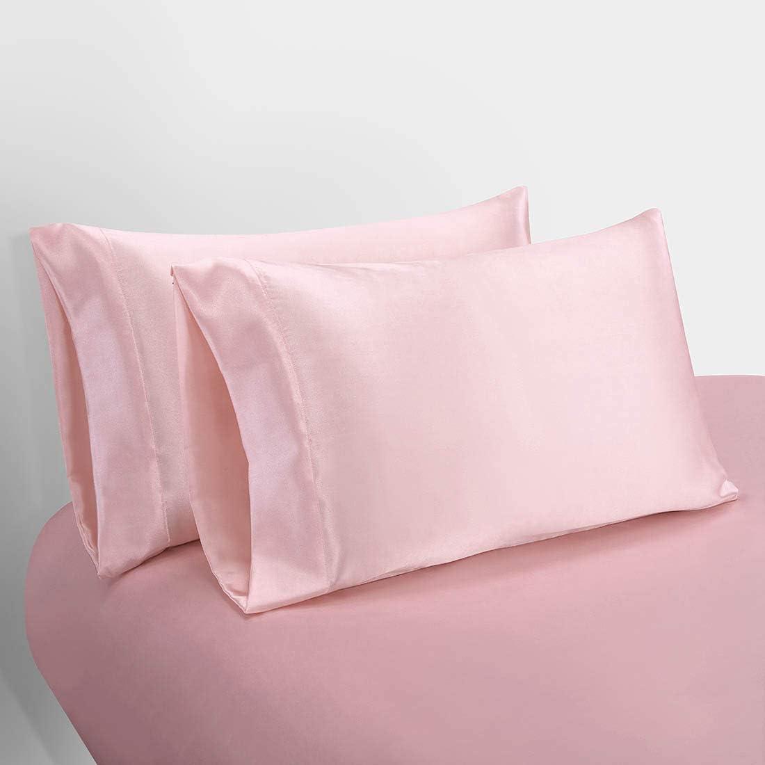 Homiest 4pcs Satin Sheets Set Luxury Silky Satin Bedding Set with Deep Pocket, 1 Fitted Sheet + 1 Flat Sheet + 2 Pillowcases (Queen Size, Blush Pink)
