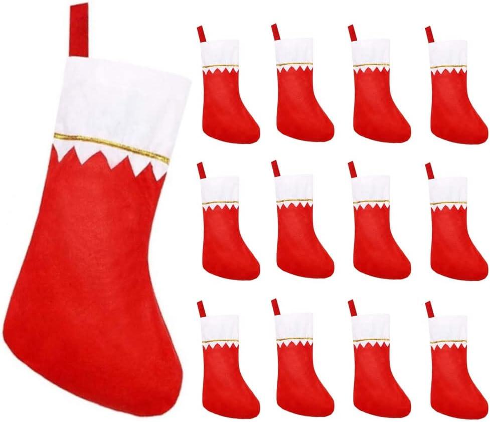 adviicd 12 Pack Felt Christmas Stockings, 14 Inches Red and White Christmas Stockings Hanging Ornaments, White with Gold Trim Christmas Stockings