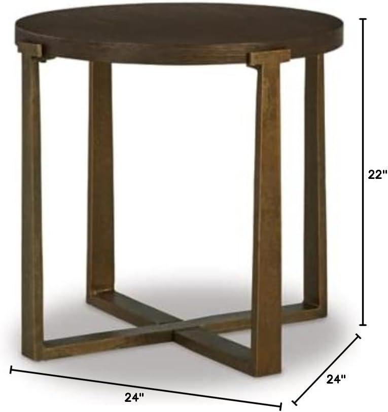 Contemporary Round Brown Wood and Gold Metal End Table