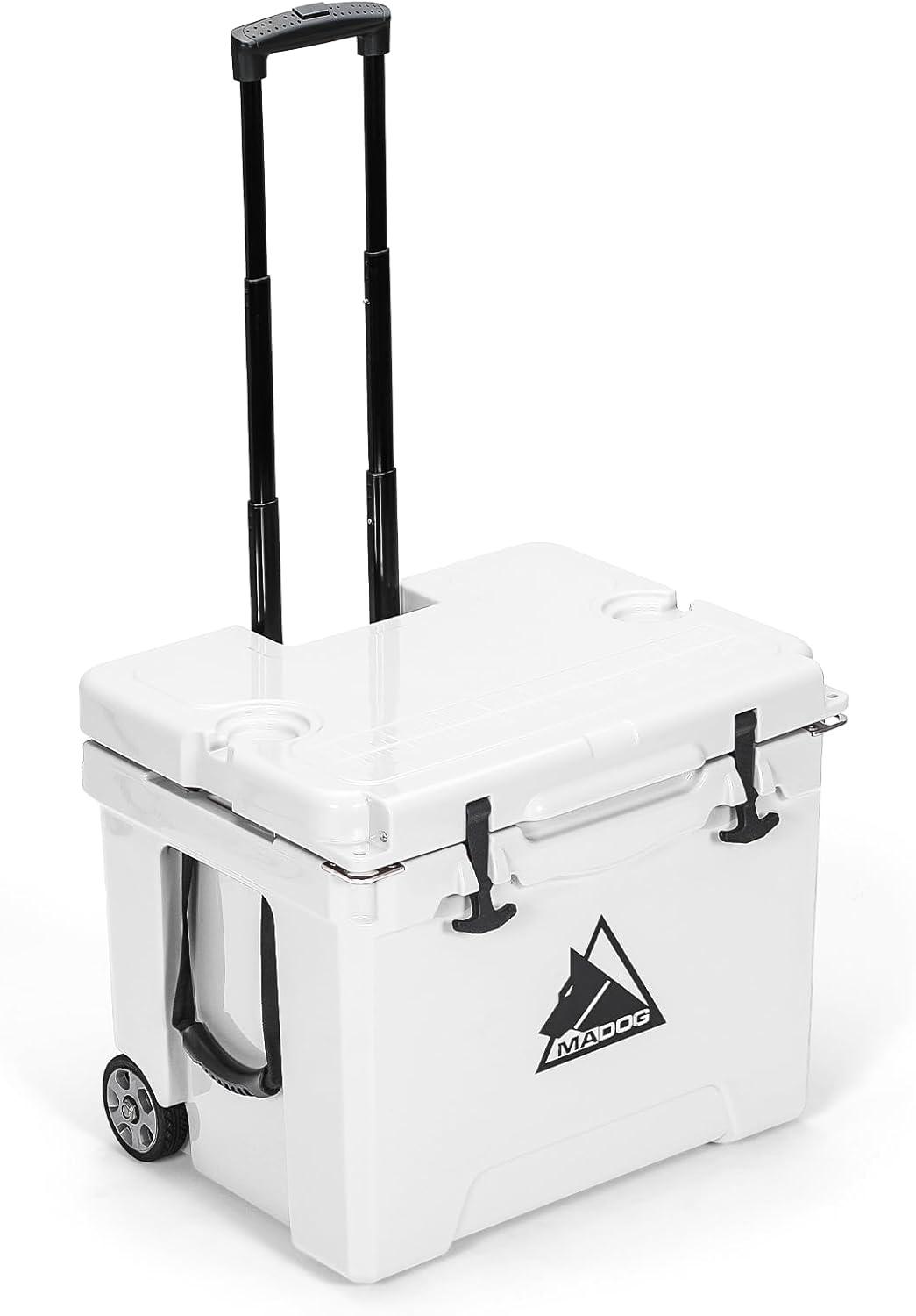 MADOG 42 Quart Towable Ice Chest with Cup Holder and Wheels, Holds Up to 72 Cans, Outdoor Picnic Camping Hard Cooler, White