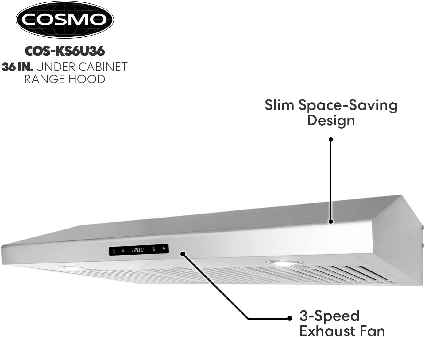 Cosmo 36" Stainless Steel 500 CFM Ducted (Vented) Under Cabinet Range Hood with Baffle Filter