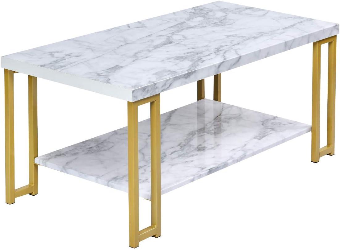 Tcbosik 2-Tier Rectangular Coffee Table with Golden Legs, Cocktail Table with Faux Marble Top, Center Table for Living Room Waiting Room, White