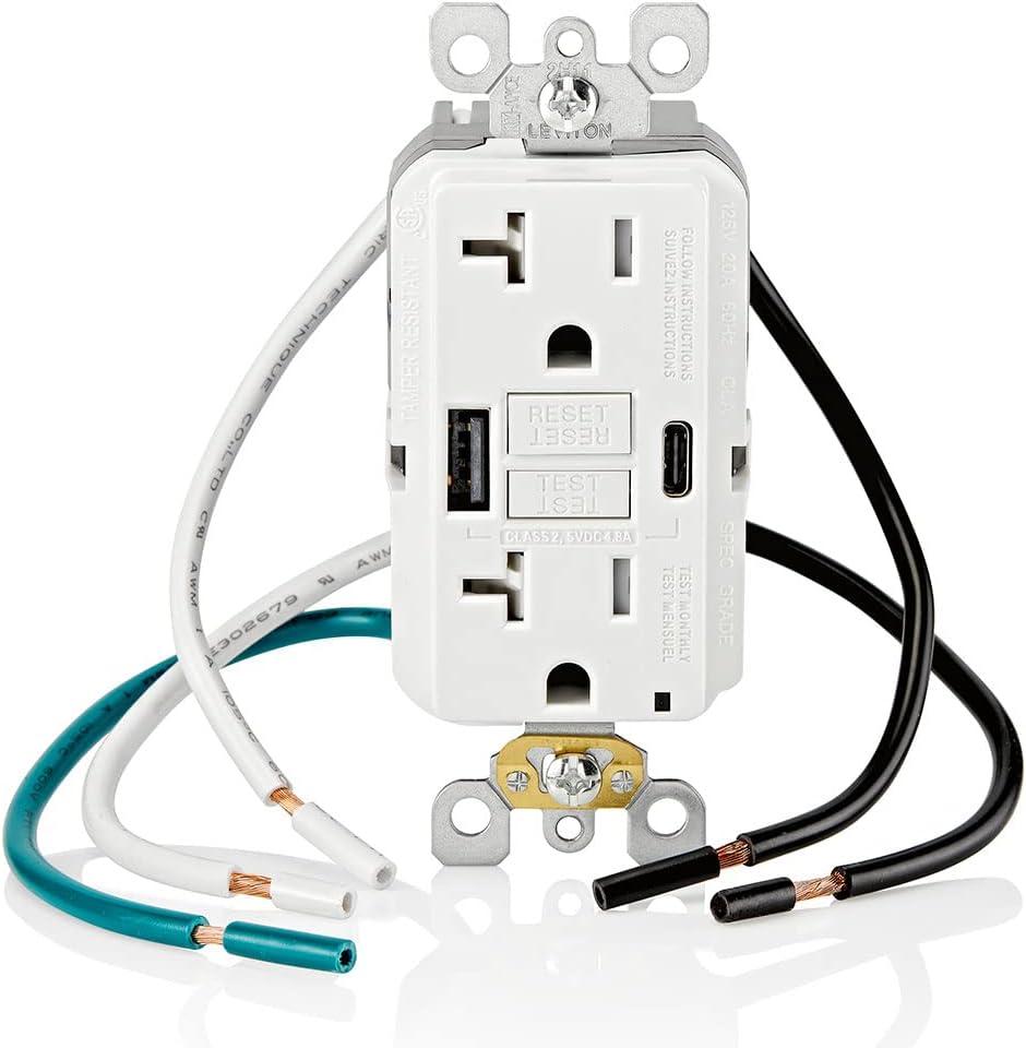 Leviton 20A SmartlockPro Self-Test GFCI Combination with Type A & Type-C USB in-Wall, USB Charger for Smartphones and Tablets, GUAC2-W, White