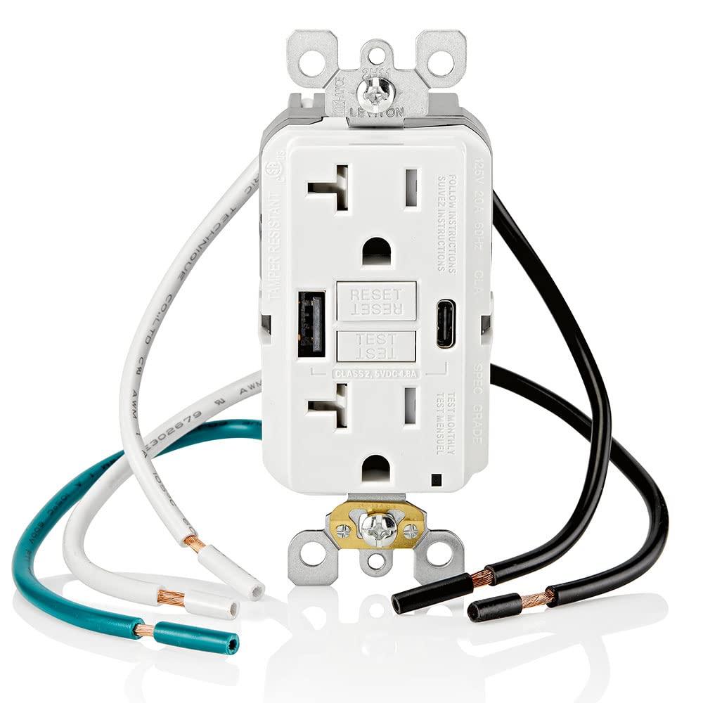 Leviton 20A SmartlockPro Self-Test GFCI Combination with Type A & Type-C USB in-Wall, USB Charger for Smartphones and Tablets, GUAC2-W, White
